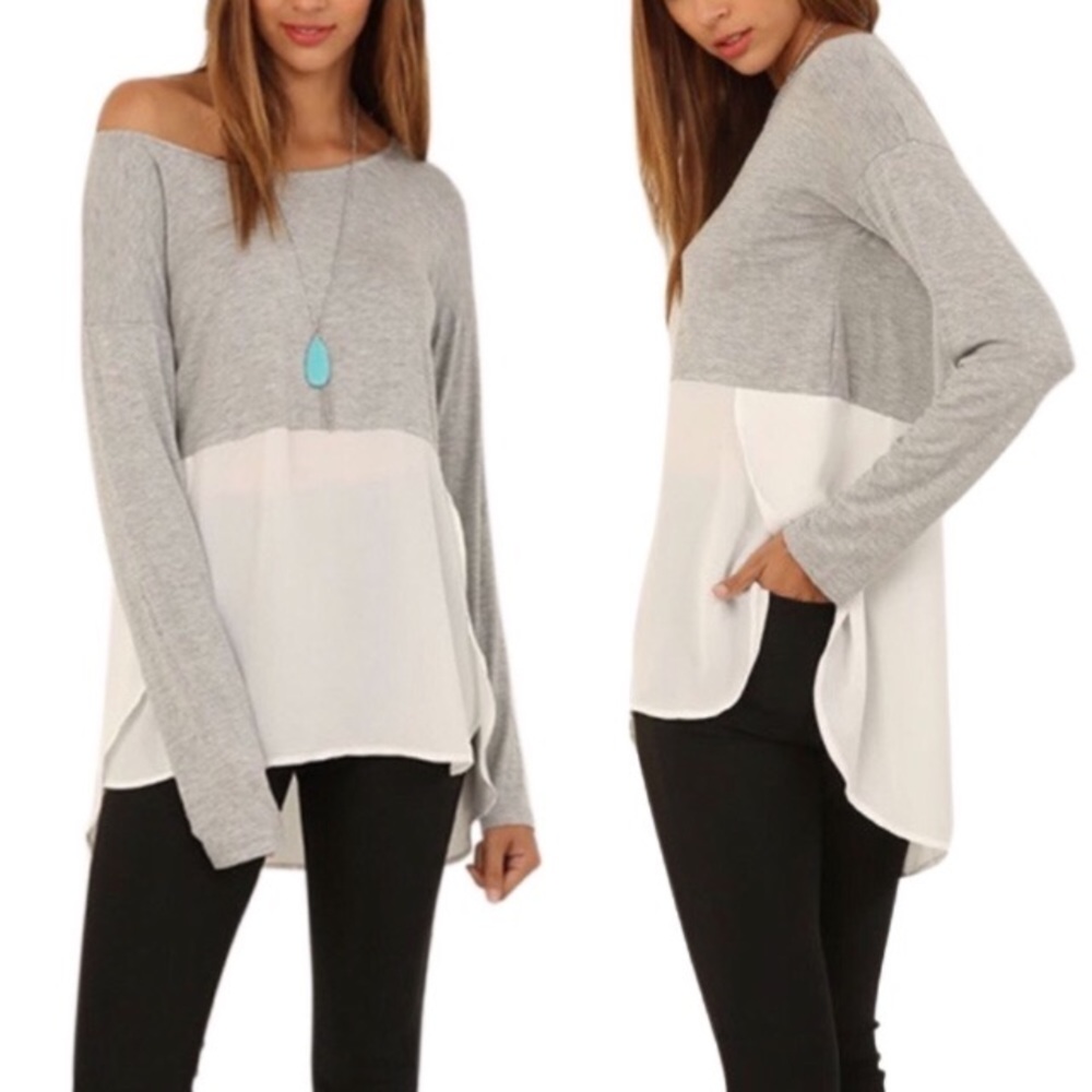 Heather Grey Jersey and Ivory Chiffon Split Sides Blouse - Picture 8 of 8